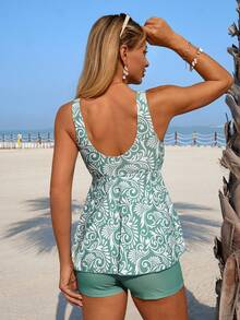 Swim Lushoire Women's Summer Beach Vacation Allover Print Ruched Twist Front Tankinis Swimsuit - Army Green - View 2