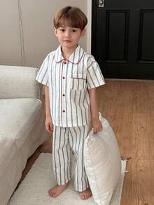 Dazy Kids Young Boy Striped Mandarin Collar Short Sleeve Single-Breasted Top And Pants Pajama Set - White - View 4