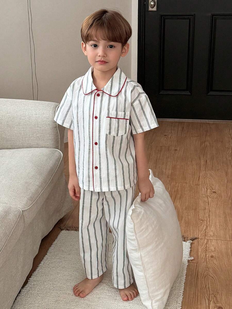 Dazy Kids Young Boy Striped Mandarin Collar Short Sleeve Single-Breasted Top And Pants Pajama Set - White - View 1