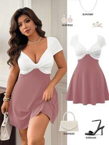 Femmeverse Vestido de fiesta elegante con cintura fruncida y parches para mujer de talla grande - Multicolor - Ver 1