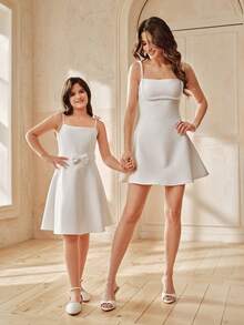 Anewsta Elegant Princess Style High Waist Pearl Bow Adjustable Strap Dress, Runway Collection For Big Girls, Spring/Summer - White - View 6