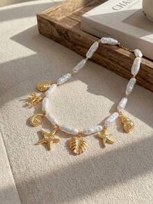 Resyla 1 件女士时尚海洋风格吊坠项链，带人造珍珠，适合日常佩戴、海滩度假、约会、摄影 - 仿珍珠+海星 - 查看 1