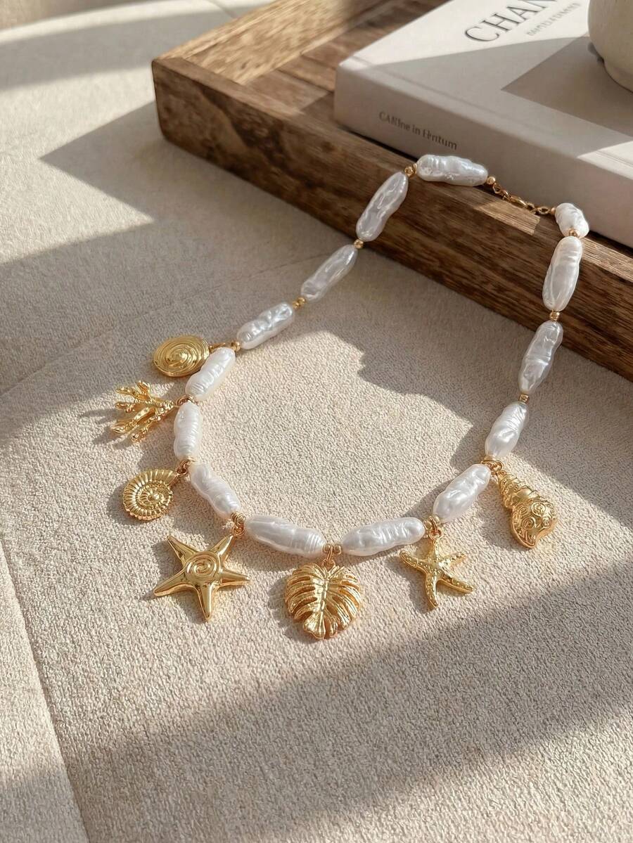 Resyla 1 件女士时尚海洋风格吊坠项链，带人造珍珠，适合日常佩戴、海滩度假、约会、摄影 - 仿珍珠+海星 - 查看 1