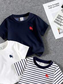 Tween Boy Casual Minimalist, College Style, All-Match, Little Horse Logo, Classic Striped Crew Neck Short Sleeve T-Shirt, Loose Comfortable Sporty, Suitable For Spring And Summer Boys Clothes Youth Boys Clothes Boys T Shirt Set Kids Clothes - Multicolor - View 3