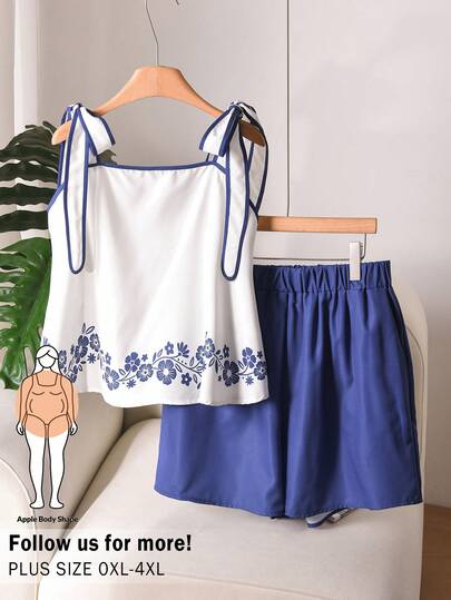 CosyJoli 大码印花吊带背心和短裤两件套，休闲度假装