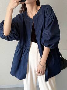 FRIFUL Áo sơ mi denim dáng rộng tay phồng, khóa kéo phía trước dành cho nữ - Màu xanh lam - Xem 7