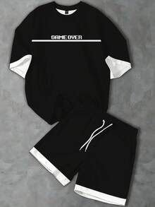 Manfinity EMRG Conjunto de camiseta y pantalones cortos de estilo callejero para hombres "GAME OVER" en contraste blanco y negro - Multicolor - Ver 3