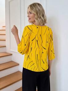 Miaspire 女士波点印花圆领七分袖休闲宽松衬衫，适合夏季、度假、外出穿着 - 黃色 - 查看 2