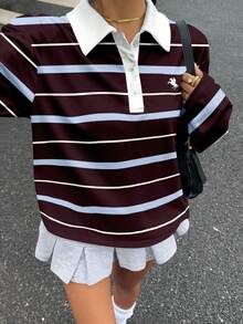 Muchica Áo thun dài tay cổ polo kẻ sọc tím và xanh dương phong cách retro thường ngày dành cho nữ, phù hợp cho mùa xuân/hè, phong cách sinh viên và thời trang đường phố. - Nhiều màu - Xem 3