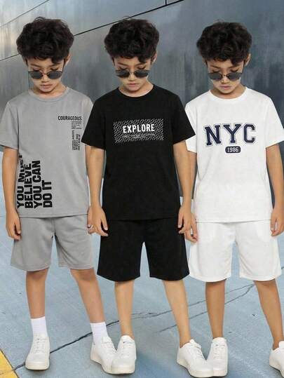 SHEIN 6件套男童休闲宽松字母印花圆领T恤短裤套装，适合通勤、上学、日常休闲、运动、春夏穿着