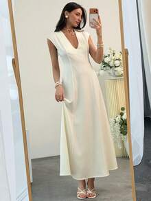 Aloruh 女士夏季纯白色混纺休闲连衣裙，米色，优雅迷人，性感深V腰身A字设计，适合正式派对、婚礼、生日等场合，也可作为教师服装穿着。 - 米色 - 查看 5