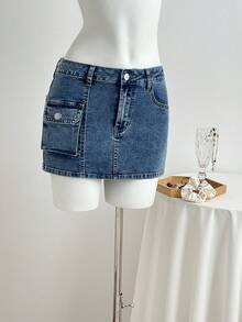 Elamini Y2K Fashion Casual Retro Sexy Cargo Pocket Low-Waist Denim Mini Skirt - Medium Wash - View 6