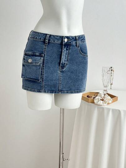 Elamini Y2K Fashion Casual Retro Sexy Cargo Pocket Low-Waist Denim Mini Skirt