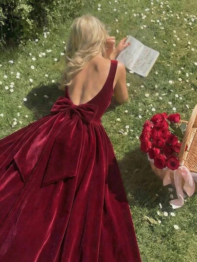 SHEIN MOD Váy midi chữ A hở lưng màu đỏ cổ điển cỡ lớn, váy cưới, váy hẹn hò, váy ngày lễ tình nhân