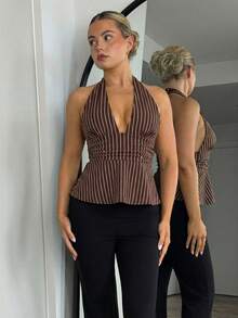 Bethéva 露背深 V 领收腰 A 字形露背条纹背心 - 棕色 - 查看 5