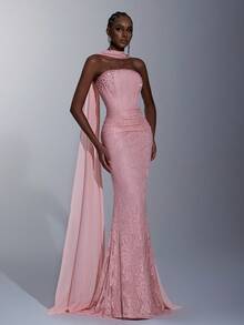 Elitara Petite Petite Petite Fit For The 150-160cm, Petite ,Elegant Luxurious Elastic Lace Strapless Shaping Corset With Rhinestone Embellished Detachable Necklace, Waist Slimming Pleated Fishtail Hem Dress, Suitable For Weddings, Parties, Vacations, Galas, And Formal Events - Baby Pink - View 8