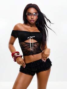 Coolane Women's Spring/Summer Chic Y2K Vacation Outfits Lace Stretchy Pink Mini T-Shirt - Black - View 4