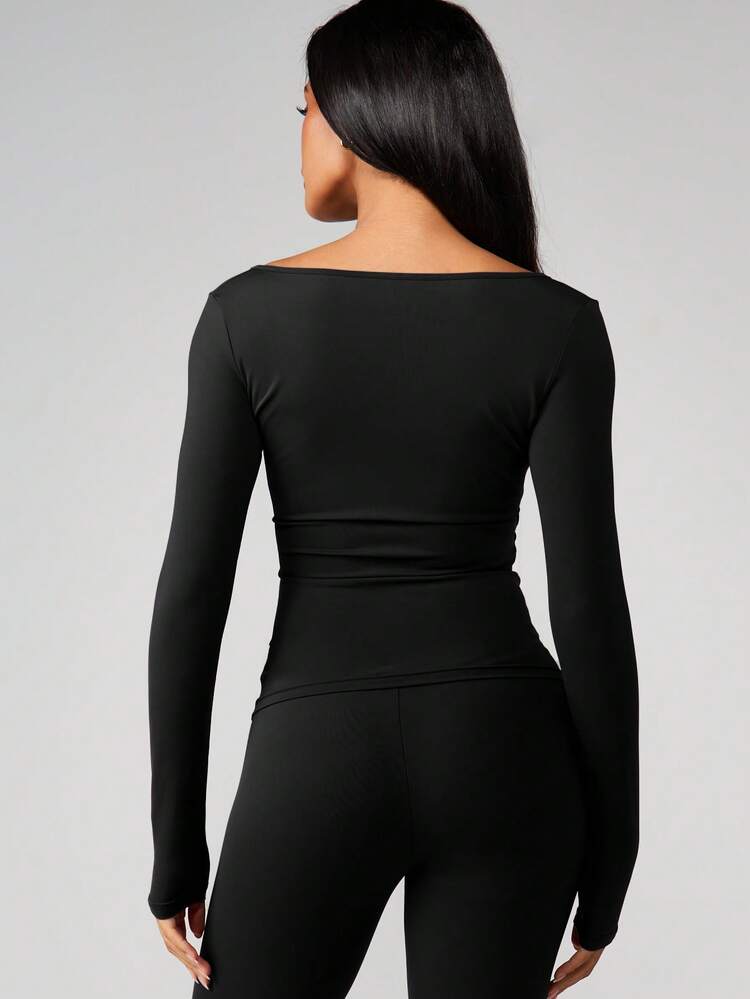 MISSGUIDED Koszulka sportowa z długim rękawem i marszczeniami dla kobiet, dekoltem w serek, kopertowym przodem, do ćwiczeń na siłowni, fitnessu i sportu