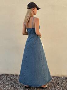 DAZY Women's Sleeveless Waist Gathered A-Line Slit Hem Denim Vacation Dress, Spring & Summer - Blue - View 2