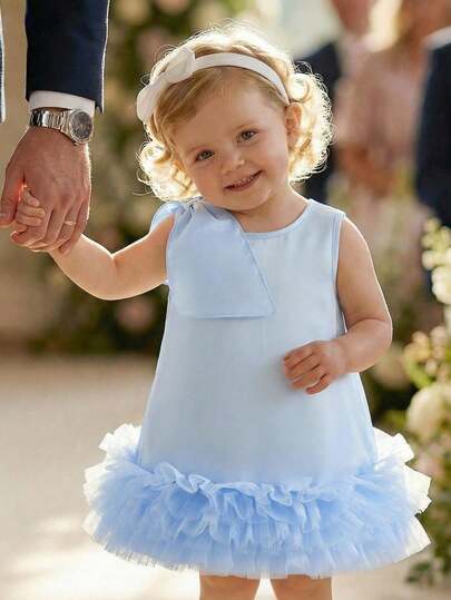 Baby Girl's Solid Color Round Neck A-Line Dress With 3D Bow Decor. Multi-Layer Tulle Ruffle Hem, Elegant & Adorable, Matching 3D Bow Accent, A-Line Silhouette Suitable For Various Baby Body Types. Perfect For Everyday Outings, Casual Wear, Or Formal Occasions, Making Your Little Princess The Spotlight. An Ideal Fashion Piece Selected By Moms. Light Blue Toddler Outfit Summer Elegant Baby Dress Baby Party Dress Frilly Layered Baby Dress
