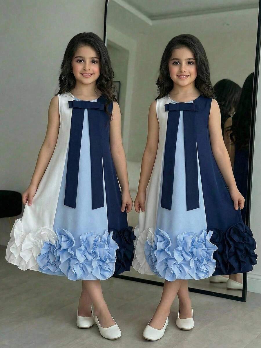 SHEIN Tween Girl Woven Colorblock Round Neck 3D Bow Casual Dress Matching Dresses Blue Knot And White Ruffle Sleeveless Girls, Tween Girl - Multicolor - View 1