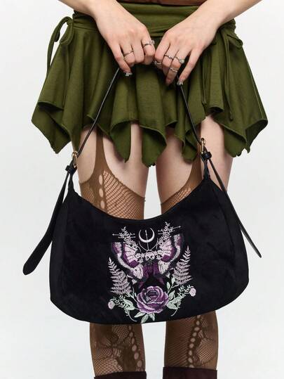 ROMWE Gothic Purple Rose Butterfly Embroidery Bag, Black Suede Large Capacity Messenger Crescent Bag