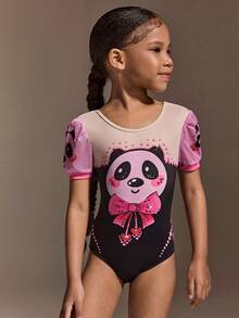 Young Girl Puff Sleeve Gymnastics Leotard,Baby Pink,Summer,Gym,Cute Panda & Bow Print,Rhythmic Gymnastics Sportswear,School Dance Competition Bodysuit - Hot Pink - View 3