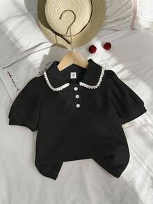 Elladie kids 优雅女童短袖T恤，彼得潘领花瓣袖设计，夏季时尚 - 黑色 - 查看 6