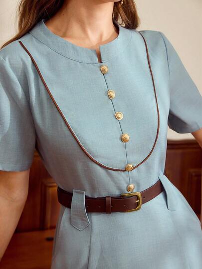 Vintamour Vintage Elegant Women's Dress With Pockets, Belt, Contrast Trim, Button Closure, Casual Commute Holiday Dress