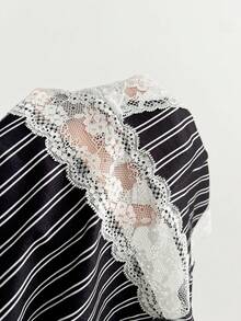 Elamini 夏季性感V领蕾丝条纹拼接镂空吊带背心 - 黑色 - 查看 6