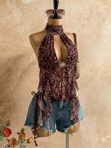 Soleia 女士度假沙滩性感豹纹露背系带飘逸下摆上衣 - 咖啡棕 - 查看 10