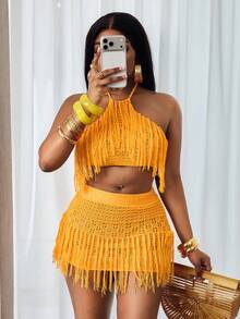 Slaydiva 26SS Spring/Summer Vacation Beach Sexy Yellow Halter Two Pieces Set With Tassels - Yellow - View 4
