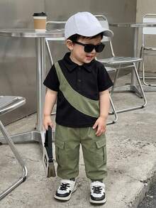 SHEIN Playful Pals 两件套男婴休闲街头风撞色短袖Polo衫搭配弹力腰纯绿色工装长裤套装，适合户外、休闲、旅行，适合6个月至2-3岁男婴。男婴街头风工装裤，男童黑色Polo衫 - 彩色 - 查看 1