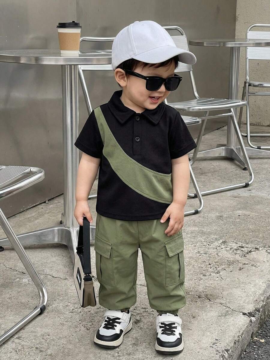 SHEIN Playful Pals 两件套男婴休闲街头风撞色短袖Polo衫搭配弹力腰纯绿色工装长裤套装，适合户外、休闲、旅行，适合6个月至2-3岁男婴。男婴街头风工装裤，男童黑色Polo衫 - 彩色 - 查看 1