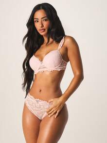 Missguided x Playboy Women's Lace Lingerie Set Two Piece Bra And Panty Set Intimate Underwire Push Up Bra With Matching Bottom Delicate Floral Lace Design Valentine's Day Anniversary Special Occasion - Pink - View 3