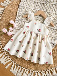 女婴可爱碎花荷叶边休闲连衣裙，杏色 - 卡其色 - 查看 10