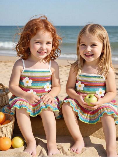 春夏女童休闲时尚创意个性清新可爱碎花针织背心印花无袖荷叶边连衣裙，舒适日常穿着