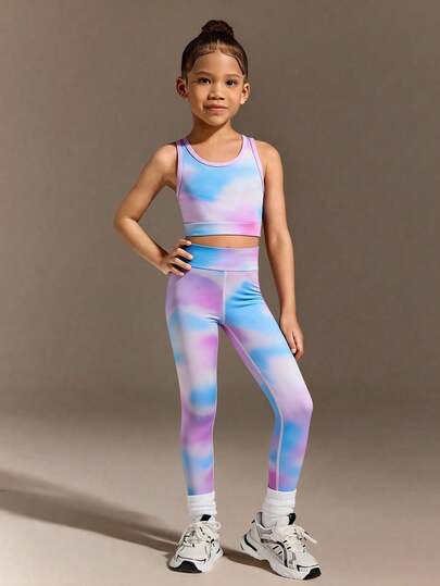 女童针织运动套装 - 透气、吸湿排汗、亲肤弹力面料，搭配时尚扎染印花，是跑步、骑行、网球、羽毛球、体操和舞蹈的理想之选。