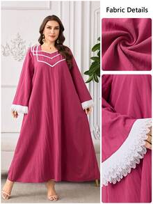 Al Najma Gaun Arab Wanita Model Musim Semi/Panas dengan Leher Bentuk Hati, Lengan Mengembang, Hiasan Renda Berongga di Bagian Bawah, dan Detail Patchwork, Gaun Sopan untuk Wanita - Hot Pink - View 4