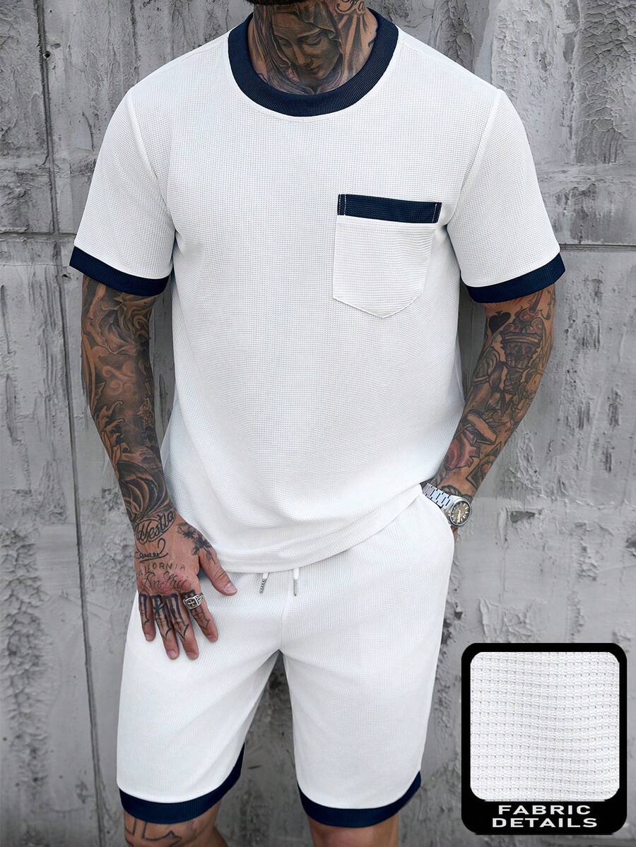 Manfinity Homme Camiseta de bolsillo con contraste de color para hombre, conjunto de camisetas con textura de rayas de punto falso - Azul y blanco - Ver 1