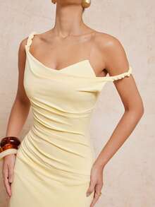 Lumalex 春夏简约复古闪亮假日派对感恩节装扮狂欢节郊游泳装度假波西米亚风海滩户外盛装层次丰富婚礼季宴会成人礼海滩海边女士纯色黄色不对称领口麻花绳装饰收腰连衣裙单肩连衣裙长款紧身连衣裙优雅连衣裙长款包臀连衣裙超长连衣裙优雅连衣裙，秋季婚礼宾客礼服 - 淡黃色 - 查看 2