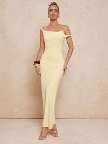 Lumalex 春夏简约复古闪亮假日派对感恩节装扮狂欢节郊游泳装度假波西米亚风海滩户外盛装层次丰富婚礼季宴会成人礼海滩海边女士纯色黄色不对称领口麻花绳装饰收腰连衣裙单肩连衣裙长款紧身连衣裙优雅连衣裙长款包臀连衣裙超长连衣裙优雅连衣裙，秋季婚礼宾客礼服 - 淡黃色 - 查看 4