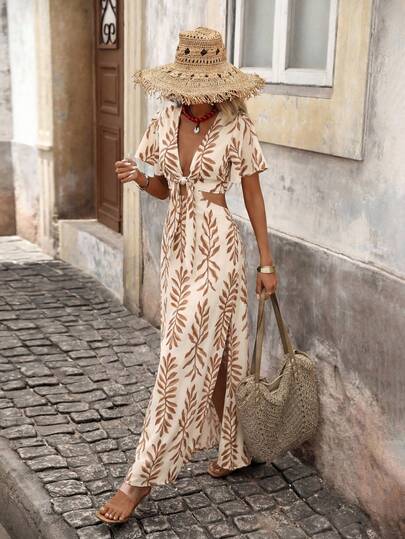 Brillora Women's Fashion Casual Elegant Romantic Hollow Out Printed Vacation Dress ,Summer Dress Maxi Dress Casual Boho Summer Dress Women Women Dresses Vacation Greece Vacation Outfits Women Italy Summer Dress