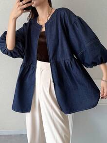 FRIFUL Áo sơ mi denim dáng rộng tay phồng, khóa kéo phía trước dành cho nữ - Màu xanh lam - Xem 9