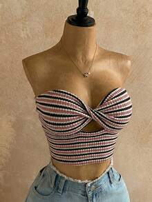 Soleia 女士 Y2K 条纹扭结设计露脐抹胸上衣 - 藕粉色 - 查看 5