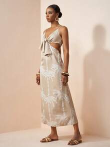 Zivah Đầm dài dáng rộng, thoải mái, chất liệu vải lanh, kiểu dáng giản dị, dây mảnh, thắt nơ phía trước, màu kaki đậm, in họa tiết, thích hợp cho kỳ nghỉ năm 2026. - Màu Khaki - Xem 4