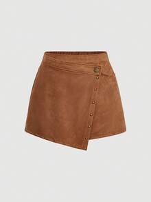 SHEIN MOD Falda-pantalón de unicolor con bajo asimétrico para mujer talla grande, adecuada para festivales de música - Marrón - Ver 4