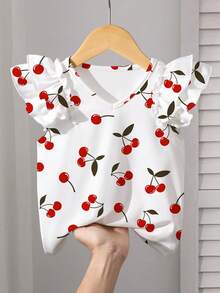 1pc Young Girl Cherry Print Flutter Sleeve Summer T-Shirt - Multicolor - View 1