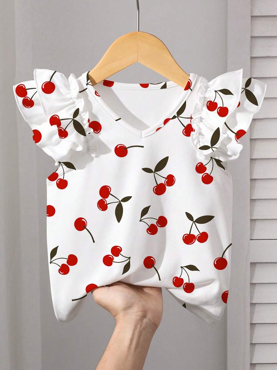 1pc Young Girl Cherry Print Flutter Sleeve Summer T-Shirt - Multicolor - View 1
