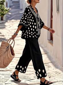 Balvessa Polka Dot Print V-Neck Shirt And Wide Leg Loose Straight Pants Two Pieces Set, Casual Vacation Outfit For Women - Multicolor - View 3